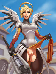 blizzard_entertainment blonde_hair blue_sky female female_only fxnative highres looking_at_viewer mechanical_halo mechanical_wings mercy no_panties overwatch pussy sky solo staff wings