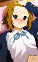 1girls ai_generated bed blush brown_hair cum cum_on_face cum_on_forehead embarrassed female forehead from_above k-on! looking_at_viewer navel novelai on_back pov ritsu_tainaka_(k-on!) sakuragaoka_high_school_uniform school_uniform yellow_hairband