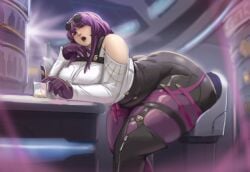 1girls alterxsu ass big_ass blush bottom_heavy clothed drunk female glasses glasses_on_head honkai:_star_rail kafka_(honkai:_star_rail) looking_at_viewer purple_eyes purple_hair sitting stool thick_thighs