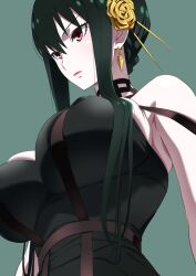 assassin bare_shoulders big_breasts black_dress black_hair breasts dress earrings female female_human flower gold_hairband hairband highres human ika_daishogun jewelry large_breasts light-skinned_female lipstick makeup mature_female pale-skinned_female red_eyes rose sidelocks sleeveless sleeveless_dress slim_waist solo spy_x_family strap_slip thorn_princess underboob upper_body yor_briar yor_forger