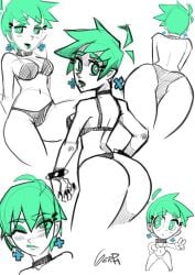 1girls 2017 ahoge artist_name artist_signature ass black_nail_polish black_nails bra choker collar earrings female female_focus female_only gerph green_eyes green_hair green_theme hourglass_figure medium_breasts mint_(skarp_world) navel short_hair skarp_world solo solo_female solo_focus spiked_bracelet unusual_pupils v wink