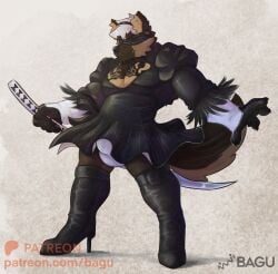 accessory anthro bagu bagu_(character) black_clothing boots brown_body brown_fur bulge canid canine canis chest_tuft claws clothed clothing cosplay costume covered_eyes crossdressing detailed_bulge domestic_dog dress footwear fur german_shepherd gloves hair handwear headband herding_dog hi_res high_heels inner_ear_fluff knee_highs legwear male mammal melee_weapon muscular muscular_male nier:_automata pastoral_dog pecs solo standing sword tail tuft underwear weapon white_hair yorha_2b_(cosplay)