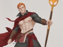 1boy abs alexcherubic book clothing light-skinned_male light_skin mage male male_only muscular muscular_male navel nipples orange_hair original staff yellow_eyes