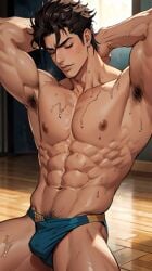 1boy ai_generated armpit_fetish armpit_hair black_hair bulge bulge_through_clothing closed_eyes jojo's_bizarre_adventure jotaro_kujo male male_only muscular_male pectorals penis solo stardust_crusaders sweat sweating sweaty_male