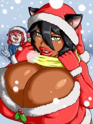 2girls big_breasts black_hair breasts buckteeth busty calico_(mindsedge) cat_ears catgirl christmas christmas_outfit dark-skinned_female dark_skin female female_focus female_only large_breasts light-skinned_female light_skin lipstick mindsedge multiple_girls red_hair rouge_(mindsedge) tagme