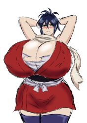 1girls arm_behind_head ashamed big_breasts big_girl blue_hair blush breast_expansion breasts curvaceous dark_blue_hair exposed_breasts exposed_chest haori huge_breasts large_breasts manyuu_chifusa manyuu_hikenchou massive_breasts momiji_(artist) nipples_visible_through_clothing red_kimono samurai scarf thick_thighs tight_clothing torn_clothes