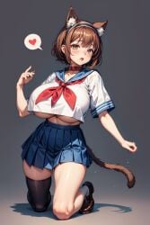 1girls ai_generated animal_ear_fluff animal_ears asymmetrical_legwear bangs black_thighhighs blue_sailor_collar blue_skirt blush breasts brown_eyes brown_footwear brown_hair cat_ears cat_girl cat_tail collar collarbone crop_top crop_top_overhang full_body grey_background hairband hand_up heart huge_breasts kneeling large_breasts loafers looking_at_viewer miniskirt mole mole_under_eye neckerchief open_mouth pleated_skirt red_collar red_neckerchief sailor_collar school_uniform serafuku shirt shoes short_hair short_sleeves simple_background single_thighhigh skindentation skirt socks solo spoken_heart stable_diffusion tail thighhighs thighs underboob white_shirt