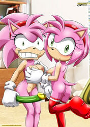 2girls amy_rose anthro blush breasts color female furry furry_only gloves green_eyes large_breasts mobius_unleashed multiple_girls nude pink_hair rosy_the_rascal_(archie) sega short_hair sonic_(series) sonic_the_hedgehog_(series) standing uncensored