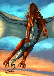 anus claws digitigrade dragon female feral flying looking_at_viewer pussy red_eyes scales solo syrinoth wings