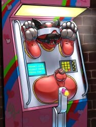 anal anal_sex anthro arcade_machine bdsmtoall bondage bound chastity_cage chastity_device feet gag generation_7_pokemon hi_res incineroar lock_symbol male nintendo open_mouth pawpads paws penetration pokemon pokemon_(species) ring_gag soles solo through_wall