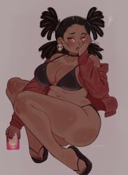 1girls big_breasts can choker coat dark-skinned_female dark_skin doujinpearl earrings flip_flops large_breasts plump quad_tails red_eyes sandals skull_earrings solo thick_thighs