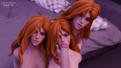 1boy 3d 3girls assisted_fellatio blender blowjob clone desess3intes dota_2 fellatio kissing_penis red_hair red_hair render sucking_penis tagme windranger