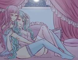 2018 2girls artist_name ass bedroom blue_hair blush cherries-and-crows female female_only hatsune_miku implied_fingering lingerie long_hair megurine_luka multiple_girls pink_hair precum sleepwear thigh_garter thighhighs thighs tumblr_username very_long_hair vocaloid wholesome yuri