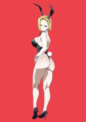 android_18 animal_ears ass breasts dragon_ball dragon_ball_z female fishnets from_behind high_heels highres ika_daishogun large_breasts playboy_bunny rabbit_ears red_background sideboob solo