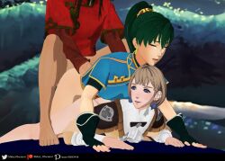 1boy 2girls 3d all_fours ass big_ass blue_eyes bottomless breasts brown_hair doggy_style earrings ffm_threesome fingerless_gloves fire_emblem fire_emblem:_the_blazing_blade gloves green_hair group_sex long_hair looking_back lyn_(fire_emblem) medium_breasts mercedes_von_martritz mikey_obscurest multiple_girls navarre_(fire_emblem) nintendo on_stomach outdoors ponytail post-timeskip prone_bone sex short_hair stacked threesome