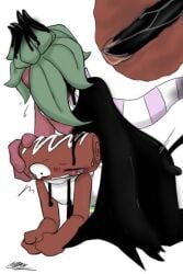 2boys bent_over black_body blush blush_lines blushing brown_body corrupted cosmo_(dandy's_world) crying crying_with_eyes_open dandy's_world darkcomsono gay_sex green_hair hand_on_head holding_head hoodie male_only male_penetrating_male monster_cock on_all_fours questionable_consent scarf shocked_expression sprout_(dandy's_world) strawberry sweatdrop tears twisted_sprout_(dandy's_world)