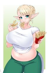 elf elf-san_wa_yaserarenai elf_ears elf_female elf_girl elfuda female french_fries fully_clothed hair_bun lindaroze tagme