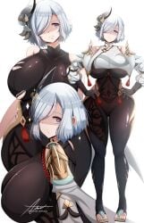 1girls astraea_(atelierastraea) bodystocking breasts female genshin_impact huge_breasts large_breasts light-skinned_female light_skin naughty_face shenhe_(genshin_impact) short_hair solo_female thick_thighs white_hair wide_hips