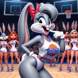 after_transformation ai_generated ass basketball_court basketball_uniform bimbofied breasts bugs_bunny cheerleader cheerleader_uniform clothing edited female finger_in_mouth furry looney_tunes mtf_transformation rule_63 space_jam tail