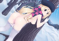 1girls against_tree ass beret blonde_hair blue_eyes blush breasts dutch_angle eyebrows female hat highres human human_only k-on! long_hair mittens nipples panties pants_down panty_pull pantyhose pantyhose_pull pussy pussy_juice rikorin scarf snow solo topless tree tsumugi_kotobuki_(k-on!) uncensored underwear