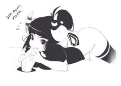 animal_ears ass black_hair black_legwear cowgirl_position cum cum_in_mouth female glory_hole horns monochrome no_panties oral partially_undressed penis pussy pussy_juice sheep_girl sheep_horns spread_legs spread_pussy sticky_(stickysheep) stickysheep straight thighhighs uncensored