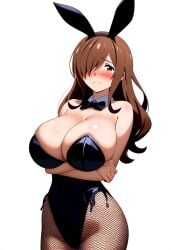 ai_generated bare_thighs blush brown_eyes brown_hair bunny_ears bunny_girl bunnysuit ccsc embarrassed gigantic_breasts hair_over_one_eye huge_breasts huge_thighs kono_subarashii_sekai_ni_shukufuku_wo! light-skinned_female light_skin long_hair looking_at_viewer massive_breasts mature_female milf rabbit_ears solo_female squatting sweat sweatdrop thick_body thick_female thick_thighs thighs voluptuous voluptuous_female wiz_(konosuba)