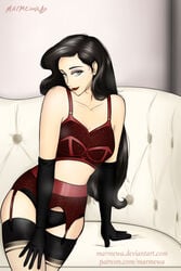 asami_sato avatar_the_last_airbender bedroom_eyes bra couch female female_only human lingerie marmewa medium_breasts panties solo stockings the_legend_of_korra