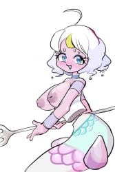 areolae breasts busty flehmen_resp_(hentaicat) looking_at_viewer medium_hair mermaid no_straight_roads nude nude_female pink_skin sayu short_hair smiling white_hair