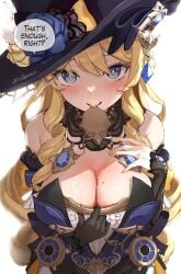 1girls artist_name bangs bare_shoulders black_gloves blonde_hair blue_dress blue_eyes blue_headwear blush breasts cleavage clothes_pull detached_collar detached_sleeves dress drill_hair english_text flower genshin_impact gloves hair_between_eyes hat hat_flower high_res jewelry large_breasts long_hair looking_at_viewer mole mole_on_breast mouth_hold nail_polish navia_(genshin_impact) open_mouth pendant rose simple_background solo speech_bubble sweat sweaty_body sweaty_breasts twitter_username upper_body vitashogun white_background witch witch_hat yellow_nails