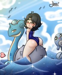 1girls ass ass ass_focus back_view background beach beach_background big_ass big_butt black_hair blue_swimsuit blush blush blushing_at_viewer brown_eyes censored collar colored female female female_only horsea human humanoid james_(jhass_uwu) jhass_uwu lapras legs looking_at_viewer looking_back luvdisc oc ocean original_character original_characters pokémon_(species) pokemon pokemon_(species) pokemon_character pokemon_focus pokemon_oc pokemon_trainer poliwag riding short_hair shy sitting swing thick_thighs trainer water wishiwashi wooper young