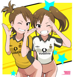 2girls bottomless brown_hair clothing female functionally_nude futami_ami futami_mami hair_ornament idolmaster manchester_united multiple_girls shirt short_hair sister soccer twins