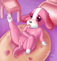 2009 animal_crossing blush canine cookie_(animal_crossing) cum cum_in_pussy cum_on_foot female female_only nintendo penis pink_fur solo tongue tongue_out zanthu