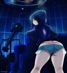 ass blue_eyes dark_hair female hoodie samasan shorts smile thong