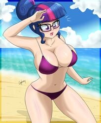 1girls beach big_breasts bikini blush breasts cleavage cogbrony equestria_girls female female_only friendship_is_magic glasses hourglass_figure human humanized my_little_pony navel sci-twi solo twilight_sparkle_(mlp)