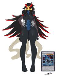 averyshadydolphin big_breasts black-winged_dragon black_hair black_skin blue_scales breasts dragon eyebrows feathers feet female fingers fur hair looking_at_viewer pose pussy red_eyebrows reptile scale_armor scales scalie thick_thighs wide_hips wings yellow_face yellow_skin yu-gi-oh!