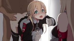 1boy 2girls ass_grab bent_over bismarck_(kantai_collection) blonde_hair cuckquean doggy_style female gloves kantai_collection long_hair male maze_(gochama_ze_gohan) military military_uniform multiple_girls prinz_eugen_(kantai_collection) sex sketch solo_focus stealth_sex straight thighhighs uniform