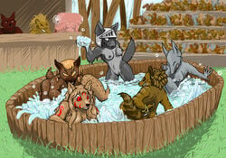 2011 anthro araelkins audience blonde_hair bracelet breasts closed_eyes ear_piercing female fight fur gnoll grin group hair hand_behind_back headgear helmet jewelry knife medieval_armour nipples nude original original_character outside partially_submerged piercing rear_view red_eyes spots spotted_fur water yellow_eyes