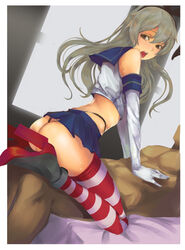 1boy aankau ass cowgirl_position dutch_angle elbow_gloves female from_side g-string gloves hands_on_another's_chest kantai_collection long_hair open_mouth panties rudder_shoes school_uniform serafuku shimakaze_(kantai_collection) skirt solo_focus straddling striped striped_legwear thighhighs thong underwear