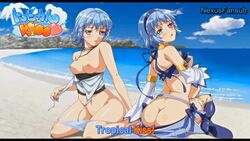 ass beach blue_eyes blue_hair female himuro_rikka nipples small_breasts solo topless tropical_kiss undressing