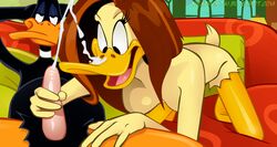 brown_hair cum cum_on_beak daffy_duck duck ejaculation erect_penis fur handjob looney_tunes nearphotison penis straight straight_hair the_looney_tunes_show tina_russo warner_brothers