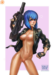 1girls 2016 breasts cybernetics cyborg female female_only fingerless_gloves ghost_in_the_shell ghost_in_the_shell_stand_alone_complex gloves gun jacket khantian kusanagi_motoko leather_jacket looking_at_viewer navel nipples open_clothes open_jacket pussy rifle smile solo weapon