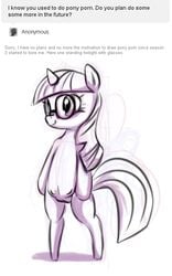 af-js crotchboobs english_text equine eyewear female feral friendship_is_magic glasses horn horse mammal monochrome my_little_pony pony pussy simple_background solo text twilight_sparkle_(mlp) unicorn