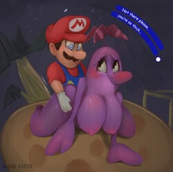 1boy 1boy1girl 1girls beige_skin big_breasts black_eyes bload_esefo blue_eyes blush breasts brown_hair cap clothed_male_nude_female doggy_style duo female gloves huge_breasts human human_on_humanoid humanoid large_breasts male mario mario_(series) mustache nintendo nipples overalls pianta purple_body purple_skin sex shirt short_sleeves super_mario_sunshine text thick thick_thighs thighs wide_hips