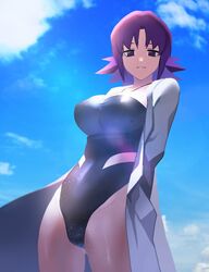 1girls 2018 breasts brown_eyes cleavage curvaceous female gomi_kann half-closed_eyes human human_only labcoat large_breasts navel nintendo one-piece_swimsuit pale-skinned_female pale_skin philena_ivy pokemon pokemon_professor pokemon_rgby purple_hair short_hair solo source_request swimsuit wet wide_hips