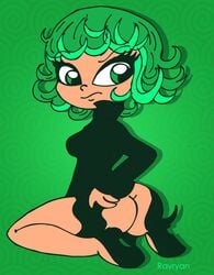 1girls ass female female_only footwear green_hair human kneeling no_panties one-punch_man raised_eyebrow rayryan rayryan90 shoes skirt_lift solo tatsumaki