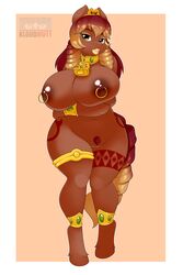 2016 amber_eyes anklet anthro areola bell big_breasts bracelet breasts corruption_of_champions cow_girl crown dark-skinned_female dark_skin equine excellia_(corruption_of_champions) fan_character female gold_(metal) horse huge_breasts jewelry kloudmutt lipstick mammal my_little_pony nipple_piercing nipples nude piercing pony pubic_hair pussy solo