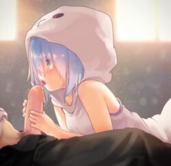 1boy aoi_tori blue_eyes blue_hair blush dress erection fellatio female highres hood licking one_eye_closed open_pants oral original pants penis shirt shirt_lift short_hair sleeveless sleeveless_dress tongue tongue_out unbuttoned