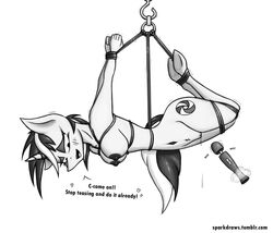 2016 anthro areola bondage bound breasts cutie_mark dialogue dripping english_text equine fan_character female friendship_is_magic greyscale horn magic_inhibitor mammal monochrome my_little_pony nipples pussy pussy_juice ring rope rope_bondage sex_toy sketch sparkler99 suspension text unicorn vibrator