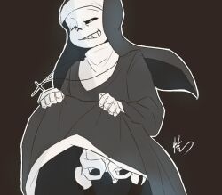 animated_skeleton artist_signature black_background black_stockings black_thighhighs bottomless dark_background dress_lift garter_straps immolationyyx monster nun_outfit one_eye_closed sans sans_(undertale) skeleton skirt_lift smile smirk solo stockings undead undertale undertale_(series) wink