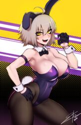 1girls ahoge animal_ears bare_shoulders blush bow bowtie breasts bunny_ears bunny_tail bunnysuit cleavage fake_animal_ears fangs fate/grand_order fate_(series) fellatio_gesture female female_only gloves grey_hair j.k. jeanne_alter large_breasts looking_at_viewer navel no_nude open_mouth pantyhose seductive short_hair skin_tight smile solo tagme thighs yellow_eyes